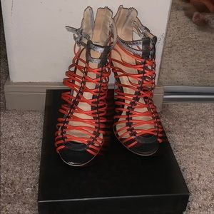 L.A.M.B orange/red and Grey strap heel